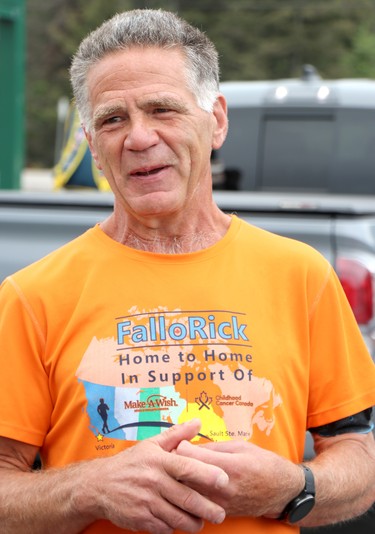 Rick Fall wraps up his cross-country run on Saturday, Aug. 7, 2021 in Sault Ste. Marie, Ont. Fall is at Christie's RV on Great Northern Road. (BRIAN KELLY/THE SAULT STAR/POSTMEDIA NETWORK)