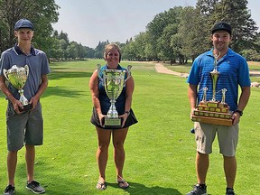 Junior Boys Club Champion, Drake Gessell (left), Ladies Club Champion, Lindsey Jordan (middle) and Men’s Club Champion
Brett Janz (right) all standing on the first tee with their trophies. (supplied photo)