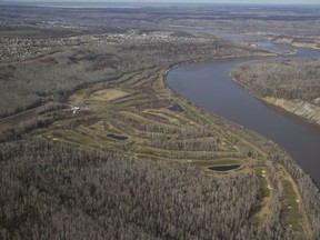 An aerial view of the Fort McMurray Golf Club next to the Athabasca River in Fort McMurray Alta. on Thursday May 4, 2017. Robert Murray/Fort McMurray Today/Postmedia Network