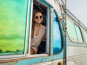 Tai Notar sits in The Mustang Drive-In PEC's bus Friday as she and her team prepare to host the Golden Hour music Festival for a second year in a row at the venue in Prince Edward County, Ontario. ALEX FILIPE