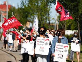 Nurses protest low staffing and government cuts outside of Royal Alexandra Hospital in Edmonton on Aug. 11, 2021. Photo by Ian Kucerak
