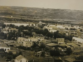 IMG_0558 – The town of Peace River at approximately the same time Rolland and Thelma Smith began their “Indians in the northwoods” mission. Note all the buildings and businesses. If you look closely, you will see a Volkswagen van, and “Beetles” introduced in the early 1950s and no apparent preparation for 1968 transportation bridge, suggesting photograph taken some time between 1950 and mid-1960s.