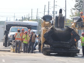 Road work is done on McNabb Street in Sault Ste. Marie, Ont., on Wednesday, Aug. 18, 2021. (BRIAN KELLY/THE SAULT STAR/POSTMEDIA NETWORK)