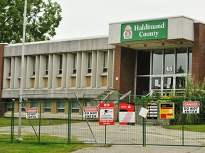 Haldimand County’s former central administrative building in Cayuga was built in the modern style in 1968. It is being prepared for demolition along with the former Haldimand County Museum and Archives in back of it. – Monte Sonnenberg