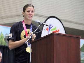 Olympic Gold Medalist and Canadian women's national soccer team goalkeeper Stephanie Labbé returned home to a warm welcome at the Trans Alta Tri Liesure Centre on Monday. Photo by Josh Thomas. Rep/Ex Staff.