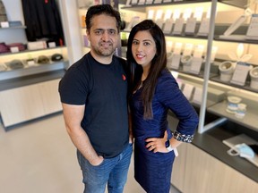 Deepak Taneja, left, co-owns Tokyo Smoke's new cannabis shop in Stratford with his wife, Vaneeta Pahwa.