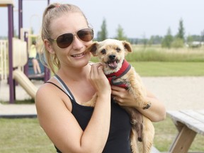 Jessica Steudle and her dog, Zeus, got a little fresh air, while enduring plus-30 C temperatures at a park in the east end of the Timmins on Thursday. The “dog days of summer” — which run from July 23 to Aug. 22 — will official come to an end on Sunday and Environment Canada’s forecast calls for a high of just 24 C that day, signaling an end to our current heat wave. RICHA BHOSALE/THE DAILY PRESS