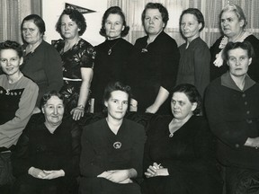 Women’s groups mobilized at the beginning of the Second World War to complete “war work.” This group of Finnish women were part of a knitting circle. Front, from left, A. Koski, E. Savijarvi and E. Vaijaynen. Back, from left: L. Laine, H. Korpi, A. Alulgren, T. Gernecki, Mrs. Hellman, Mrs. Freeman and H. Koverowkoski. SUBMITTED PHOTO