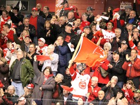 Soo Greyhounds fans celebrate a goal during first-period action in second game of OHL Western Conference semi-final series at Essar Centre in Sault Ste. Marie, Ont., on Friday, April 6, 2018. (BRIAN KELLY/THE SAULT STAR/POSTMEDIA NETWORK)