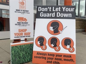 Signage outside of Home Depot in Fort Saskatchewan reminds customers how to properly wear a mask. As of Tuesday, August 24, Alberta Health reported 37 active cases of COVID-19 in Fort Saskatchewan. Lindsay Morey / Postmedia
