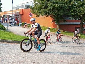 Ontario Provincial Police commissioner Thomas Carrique takes off from North Bay Police Service headquarters, Saturday morning, for the Wounded Warriors Canada National Ride for Mental Health. Michael Lee/The Nugget