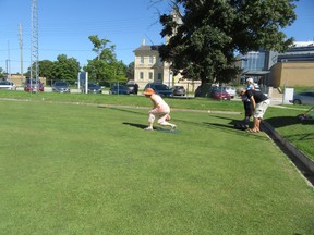 Dorothy Smart showed perfect form as she delivered her bowl at the Saugeen Shores Lawn Bowling Club in Southampton August 15.. [Supplied]