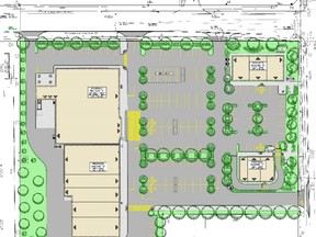 This drawing shows  parking and landscaping plans for a commercial plaza at the southwest corner of Goderich St. and Devonshire Rd. in Port Elgin. [Town of Saugeen Shores]