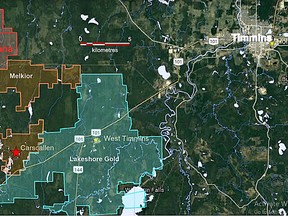 This map shows the location of Sanatana Resources’ Gold Rush Project west of Timmins. A recent scout drilling program has identified a “continuous gold bearing structure” on the property. SUBMITTED ILLUSTRATION