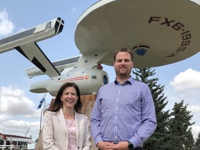 Minister Tanya Fir (left) and MLA for Cardston-Siksika, Joseph Schow (right) visited Vulcan on Aug. 18. Fir spoke to the Advocate discussing her new portfolio as the Associate Minister of Red Tape Reduction