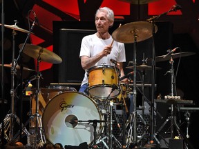 (FILES) In this file photo taken on February 16, 2016 Charlie Watts of the British group Rolling Stones performs in concert at Centenario stadium in Montevideo. - Charlie Watts, drummer with legendary British rock'n'roll band the Rolling Stones, died on August 24, 2021 aged 80, according to a statement from his publicist. (Photo by Pablo PORCIUNCULA / AFP) (Photo by PABLO PORCIUNCULA/AFP via Getty Images)