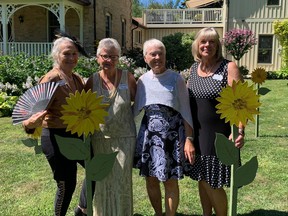 The "Golden Girls" of Kincardine stand infront of Mary Faubert (L) house on Sunday, August 15, where they celebrated their 75th year with a party and fundraiser. They each took on a persona of the Golden Girls, with Faubert as Blanche, MaryAnne Daly (Rose), Linda Snyder (Sophia) and Marg Starr (Dorothy). Hannah MacLeod/Kincardine News