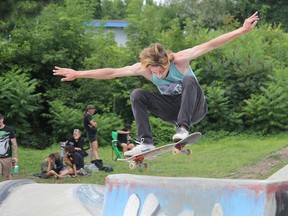 Zackery White shows off the form that earned him top spot in the Men's Division at the Heavy Medal Skateboard Competition and Showcase at the Rapids Skate Park in Pembroke.