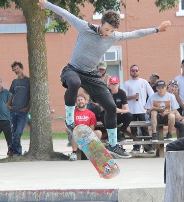 Thomas Goodison demonstrates his skateboarding prowess for the judges during the skate-off in the Men's Division of the first Heavy Medal Skateboard Competition and Showcase at the Rapids Skate Park in Pembroke on Saturday, Aug. 14.