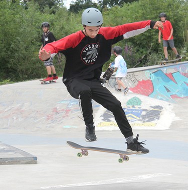 Bryce Robinson competing in the Jr. Boys' division at the first Heavy Medal Skateboard Competition and Showcase held on Aug. 14 at the Rapids Skate Park in downtown Pembroke.