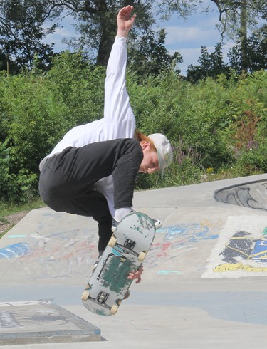 Mike Hawk competes at the first Heavy Medal Skateboard Competition and Showcase held on Aug. 14 at the Rapids Skate Park in downtown Pembroke.