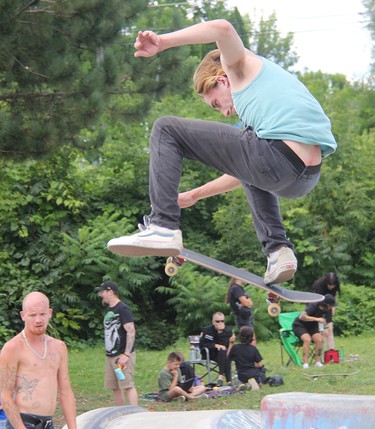 Zackery White shows off the form that earned him top spot in the Men's Division at the Heavy Medal Skateboard Competition and Showcase at the Rapids Skate Park in Pembroke.