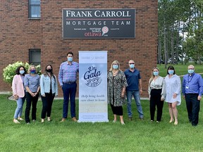 Pembroke-based Frank Carroll Financial continued its support of local healthcare by donating $10,000 to the Pembroke Regional Hospital Foundation’s (PRHF) Un-Gala @ Home event. In the photo from left, Jennifer Austin, Amanda McLeese, Saskia Prost, Tommy Serran, Laurie Serran, Glenn Casey, Samantha Austin, Laura Carroll, and Roger Martin, PRHF executive director. Submitted photo