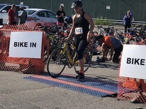 DU283 duathlon participant Shelby Coulter stands at the start line to prepare for her 28-kilometre bike ride on Sept. 27, 2020 at the Machine Shop. She participated in the full duathlon and placed third in her age category last year. Photo credits Shelby Coulter.
