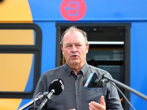 Mayor Al McDonald speaks to reporters, Friday morning, following the announcement of a new mobile vaccination clinic in the North Bay Parry Sound District Health Unit. Michael Lee/The Nugget