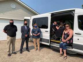 (L-R): Greg Wing, community relations co-ordinator, HVMP, March of Dimes, Jason Lye, Vice-President, March of Dimes, Lisa Thompson, MPP, William and Jen Irwin unveil the finished van which was funded by the Government through the March of Dimes Home and Vehicle Modification Program. This upgraded van will allow 18-year-old William to stay connected with his community and allow their family to travel safely together. Hannah MacLeod/Lucknow Sentinel