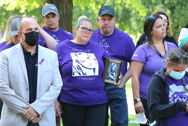 Unveiling of memorial wall dedicated to Sault Ste. Marie residents who've died of drug overdoses on Tuesday, Aug. 31, 2021 in Sault Ste. Marie, Ont. (BRIAN KELLY/THE SAULT STAR/POSTMEDIA NETWORK)