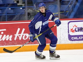Sudbury Wolves defenceman Nolan Collins takes part in a scrimmage on the second day of rookie orientation camp at Sudbury Community Arena in Sudbury, Ontario on Tuesday, August 31, 2021.