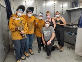 Five women have just completed the ‘Women in Trades’ exploratory program offered by Cambrian College in Espanola. Shannon Steinke (Massey), Athena Jacko (Birch Island), Eliana Mazey (Nairn), Carly Mullen (Massey), Lewyka Nebenionquit (Whitefish River First Nation). In front is trades instructor, Henry Girard.