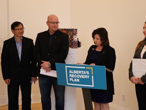 Minister of Education Adriana LaGrange (centre right) was one of four ministers in attendance for a brief update on Stony Plain's new Francophone school at the Multicultural Heritage Centre on Tuesday, Aug. 31, 2021. Photo by Rudy Howell/Postmedia.