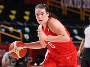 Canada’s Bridget Carleton of Chatham, Ont., drives to the basket against Serbia during the second half of a women's basketball preliminary-round game at the Tokyo Olympics at Saitama Super Arena on July 26, 2021, in Saitama, Japan. (Gregory Shamus/Getty Images)