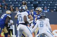 Winnipeg Blue Bombers quarterback Zach Collaros throws a pass against the Toronto Argonauts on Friday.