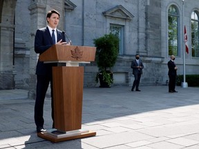 Canada's Prime Minister Justin Trudeau announces a federal election, outside Rideau Hall in Ottawa on Aug. 15, 2021.