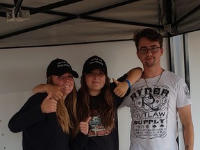 From right to left: Kendall Prodaniuk, crew chief, Keira Prodaniuk, driver, and Emma Suecroft, crew. Photo Supplied.