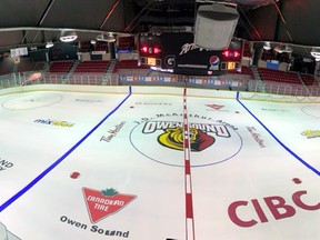 The Owen Sound Attack will hit the ice inside the Harry Lumley Bayshore Community Centre for the first time since March 2020 on Monday when the team's training camp begins. Ice makers worked last week to prepare the fresh ice sheet inside the Bayshore while logo painting took place on Friday. Photo submitted.