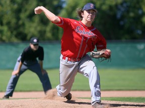 Sarnia's Noah Lester (4) pitches against the Oshawa 18U Legionaires in a pool game at the Premier Baseball League of Ontario 18-and-under championship tournament at Blackwell Park in Sarnia, Ont., on Saturday, Aug. 14, 2021. Mark Malone/Chatham Daily News/Postmedia Network