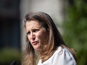 Chrystia Freeland, Deputy Prime Minister and Minister of Finance, responds to questions after a social housing funding announcement in the Downtown Eastside of Vancouver, on Wednesday, July 28. Freeland came under some heat for a video posted to Twitter eventually flagged for "manipulated media."