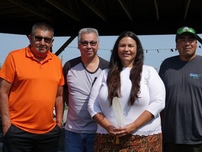 From left: Wauzhushk Onigum council members Donald Biggeorge and Ed Skeid with Kenora NDP candidate Janine Seymour and Wauzhushk Onigum Chief Chris Skead.