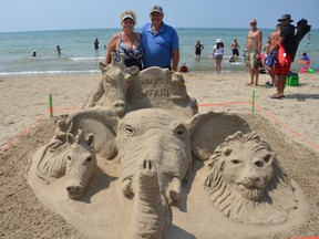 Sharon and Brian Nesbitt of Waterloo with their Sauble Safari creation at Sauble Sandfest on Saturday.