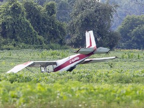 An airplane crashed near Tillsonburg Regional Airport in Tillsonburg, on Monday. The pilot was uninjured, police said. (Derek Ruttan/The London Free Press)