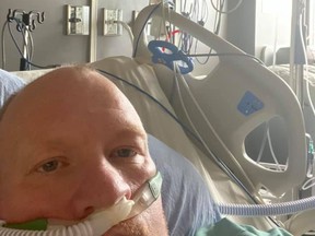 Local roofer Shane Bogema posted an image of himself and the machines assisting his breathing in the Brantford General Hospital just a day before he was sedated and intubated due to the COVID-19 virus.