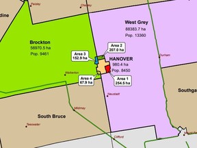 A map, created by Hanover consultants, showing potential municipal boundary adjustments that would provide Hanover with more developable land.