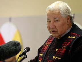 Sen. Murray Sinclair speaks during the official launch of the Healing Forest Winnipeg at St. John's Anglican Cathedral Hall on Mon., Feb. 12, 2018.