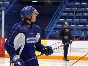 Sudbury Wolves forward Quentin Musty demonstrates his hand-eye co-ordination during a practice on the opening day of rookie orientation camp at Sudbury Community Arena in Sudbury, Ontario on Monday, August 30, 2021.