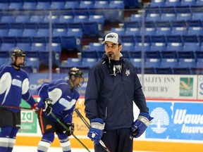 Sudbury Wolves associate coach Zack Stortini runs a drill during a practice on the opening day of rookie orientation camp at Sudbury Community Arena in Sudbury, Ontario on Monday, August 30, 2021.