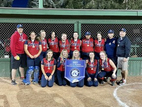 The Aidrie Angels U19D softball team stands triumphantly together after winning the provincial championships on August 28.